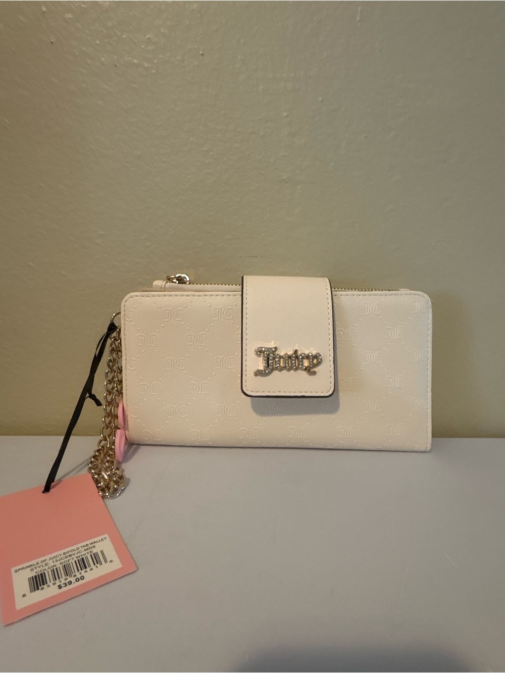 NWT Juicy Couture Soft White Monogram JC Bifold Tab Wallet Rhinestone